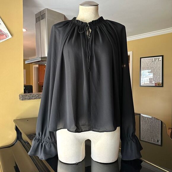 NWT Madewell Black Semi-Sheer Long Sleeve Tie Neck Ruffled Cuff Chiffon Blouse - Picture 6 of 12